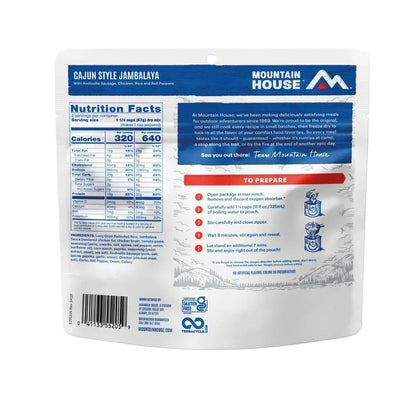 Back of Mountain House Cajun Style Jambalaya backpacking food package showing nutrition facts and preparation instructions.