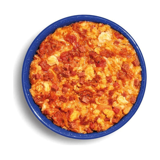 Top-down view of the Mountain House Cheesy Pepperoni Pizza in a blue bowl against a white background.