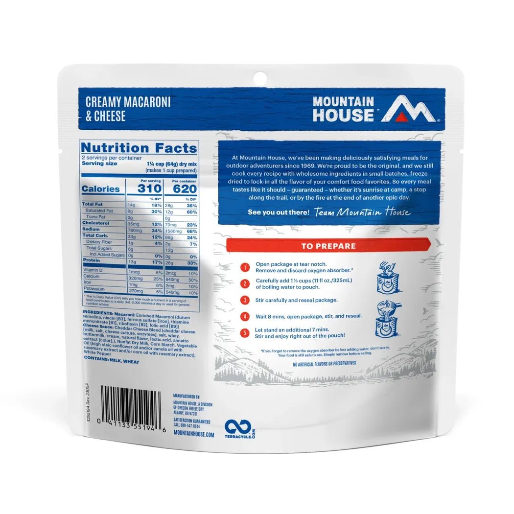Back of a Mountain House Creamy Macaroni & Cheese backpacking food package showing nutrition facts and preparation instructions.
