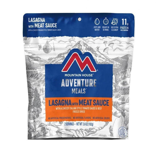 A front view of the Mountain House Lasagna with Meat Sauce backpacking meal package showing the mountain illustration background and 11g protein label.