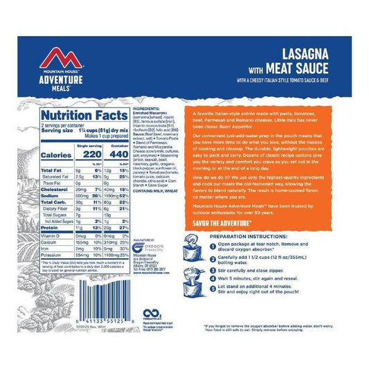 Back of Mountain House Lasagna with Meat Sauce backpacking meal showing nutrition facts and preparation instructions.