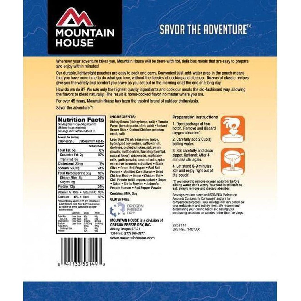 Back of Mountain House Mexican Style Rice and Chicken backpacking food package showing nutrition facts and preparation instructions.