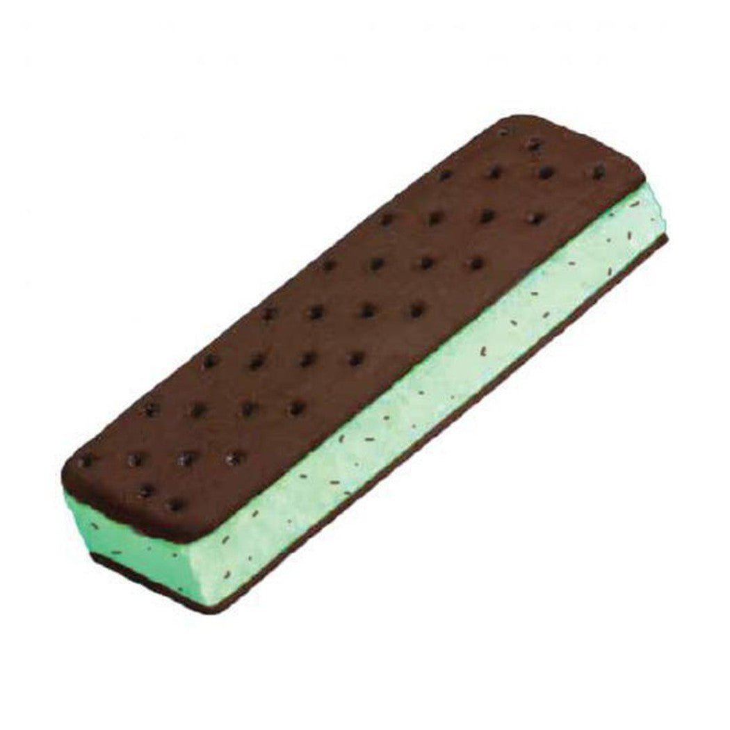 A side view of the Mountain House Mint Chocolate Chip Ice Cream Sandwich with a white background.