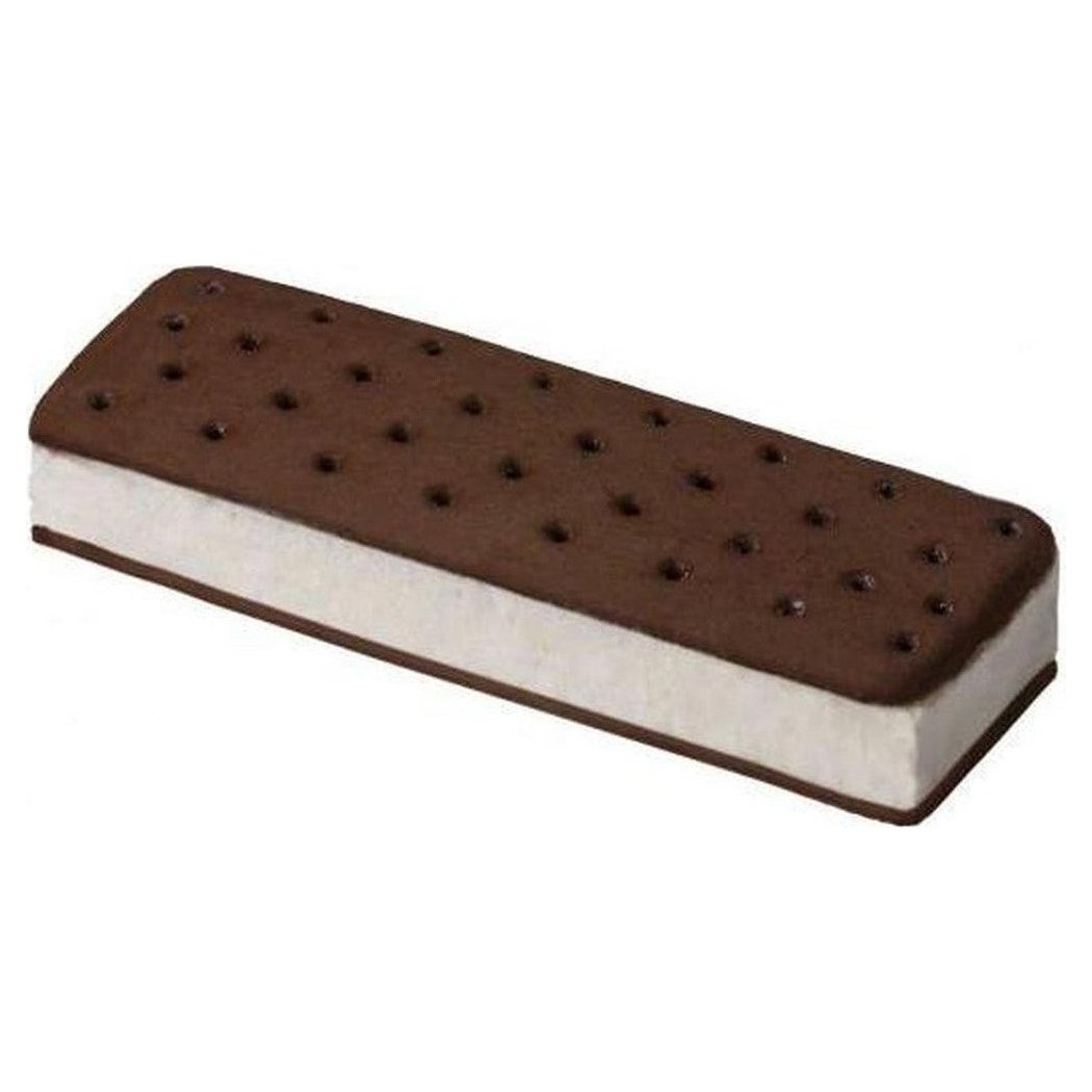 A side view of the Mountain House Vanilla Ice Cream Sandwich showing the chocolate cookie and vanilla ice cream filling against a white background.