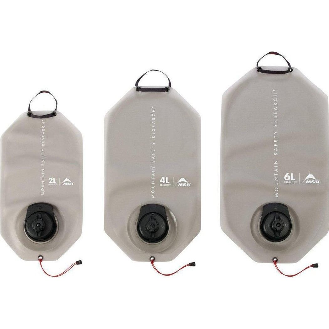 Three MSR DromLite Bags in 2L, 4L, and 6L sizes, side by side on a white background.
