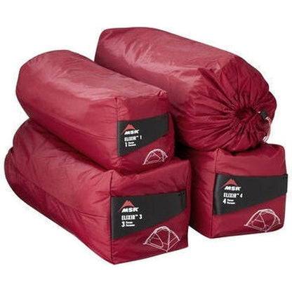 Four red MSR Elixir tents stacked with a white background.