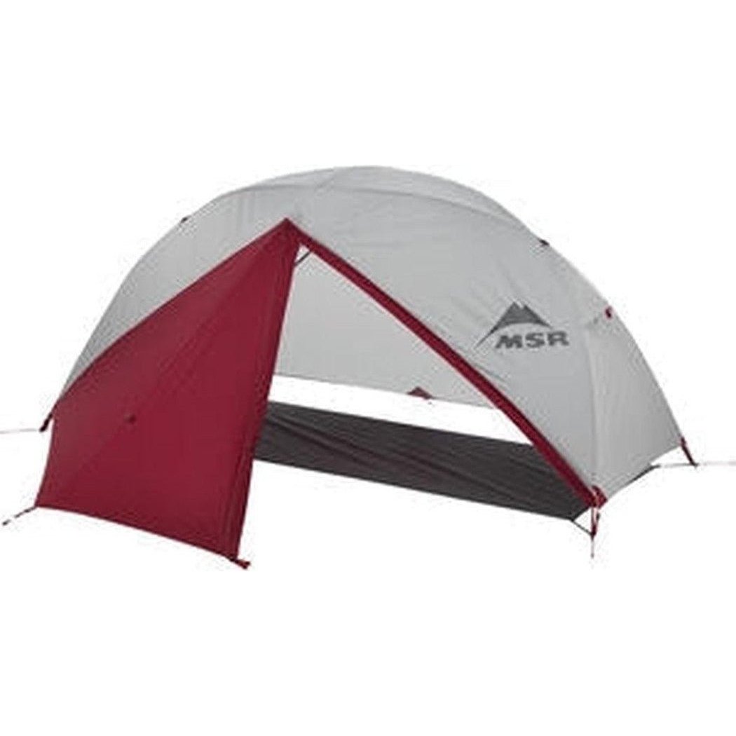 The MSR Elixir 1 tent in gray and red is shown from a side angle with its door open against a white background.