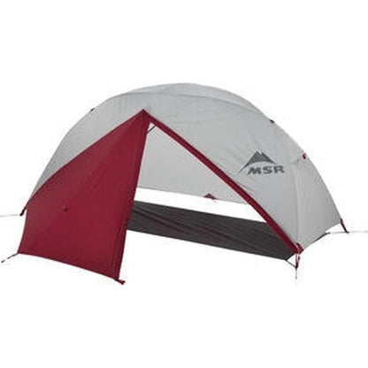The MSR Elixir 1 tent in gray and red is shown from a side angle with its door open against a white background.