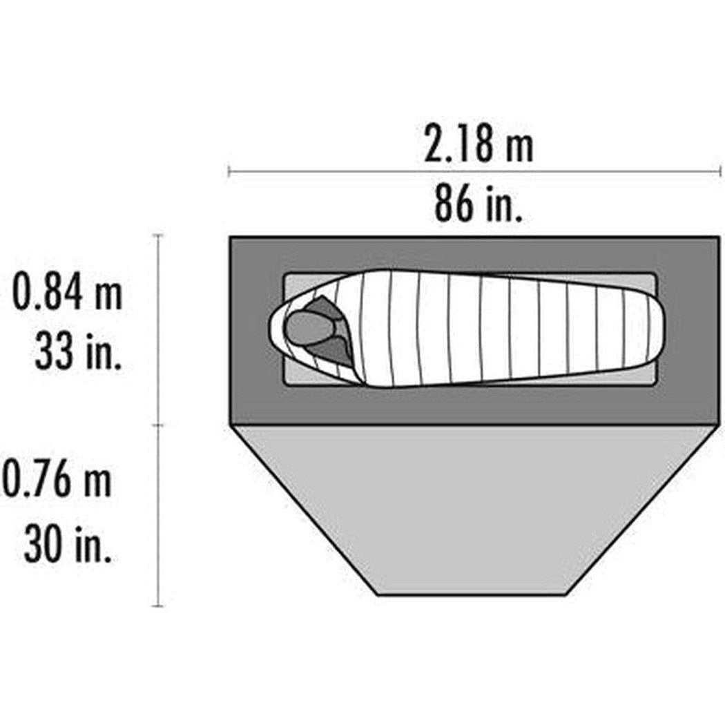 Top-down view of the MSR Elixir 1 tent showing its dimensions and a person inside.