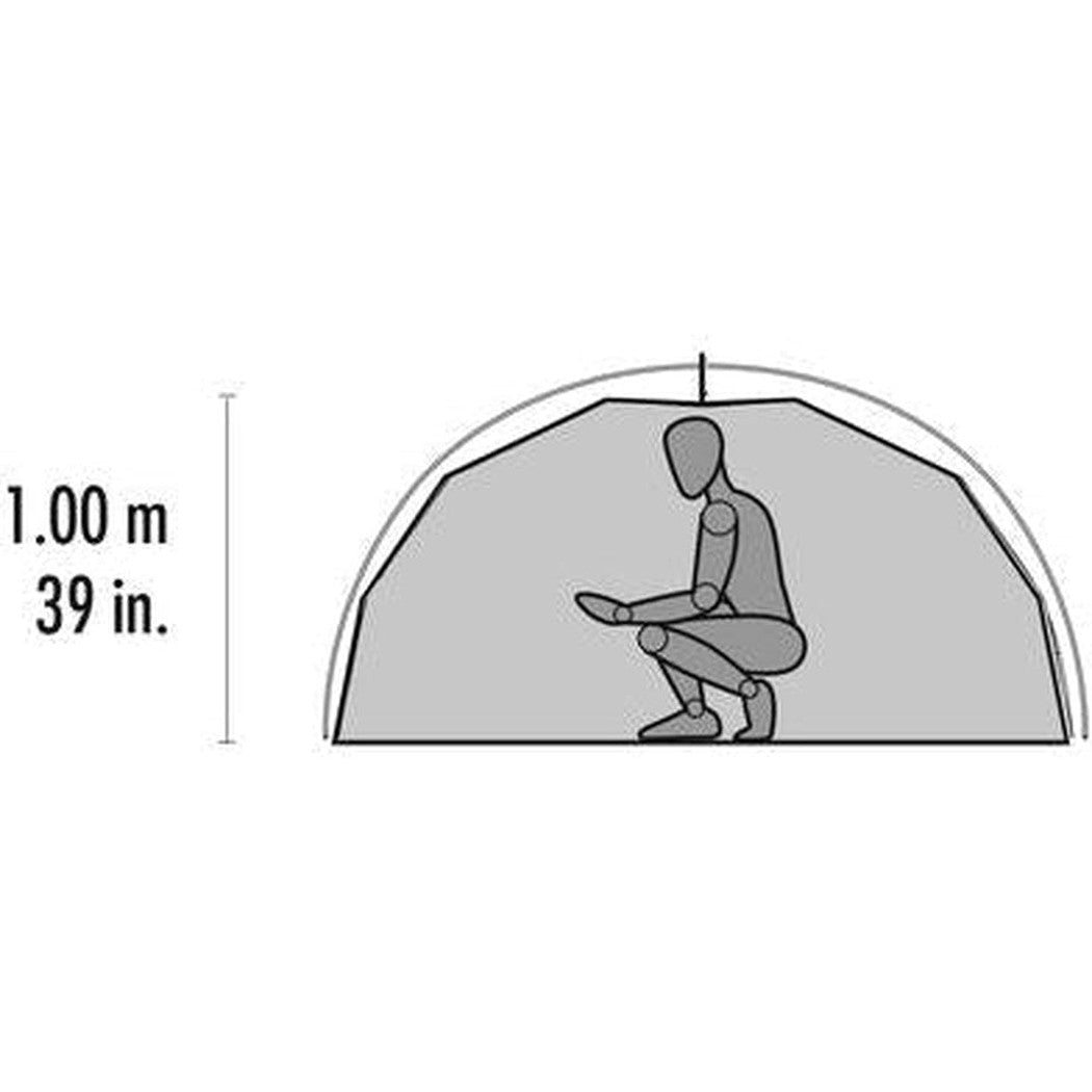The MSR Elixir 1 tent interior height is 1.00 m (39 in.) with a model inside.