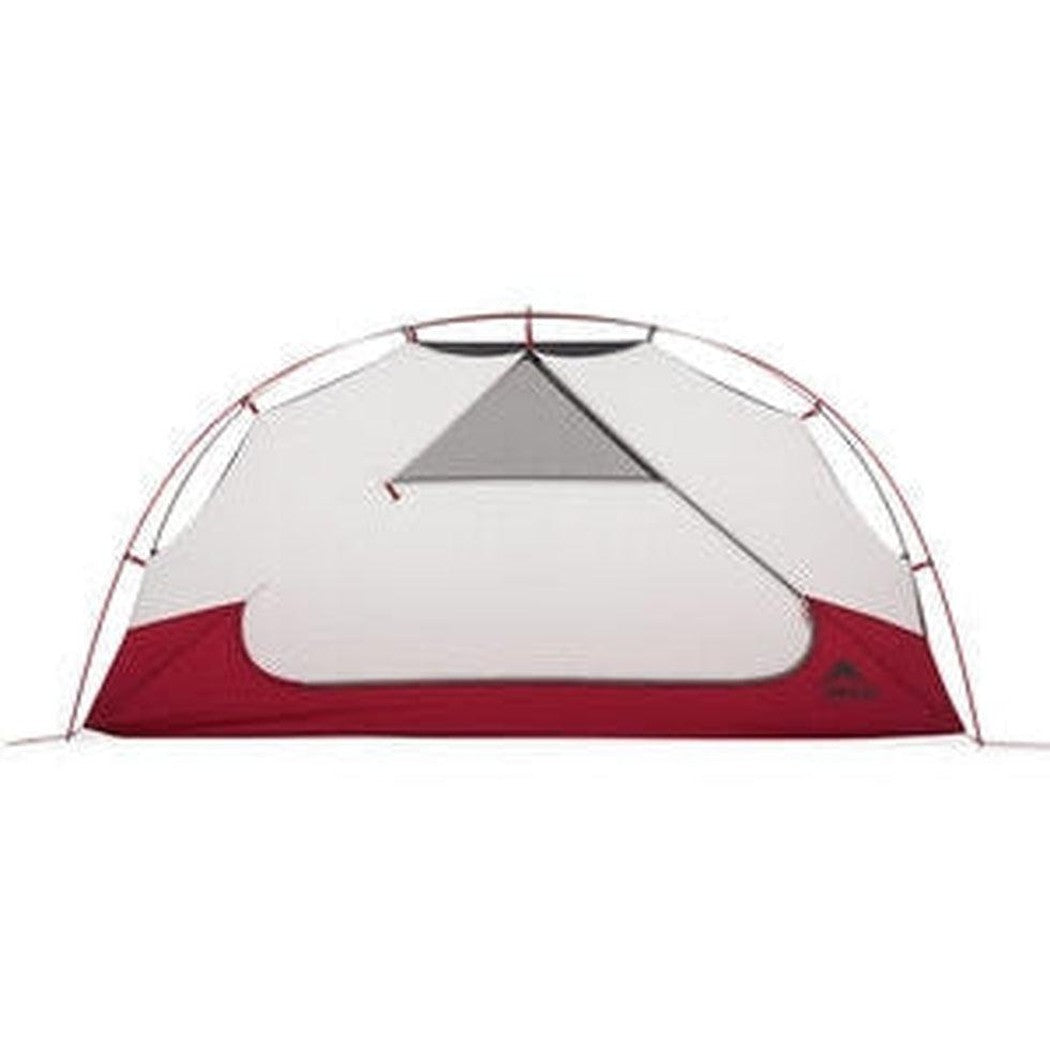 The MSR Elixir 1 tent in red and gray is shown from a front angle with its mesh window visible against a white background.