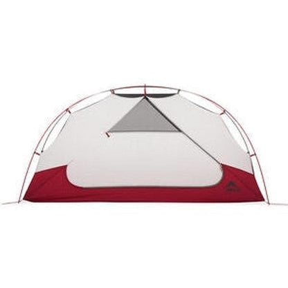 The MSR Elixir 1 tent in red and gray is shown from a front angle with its mesh window visible against a white background.
