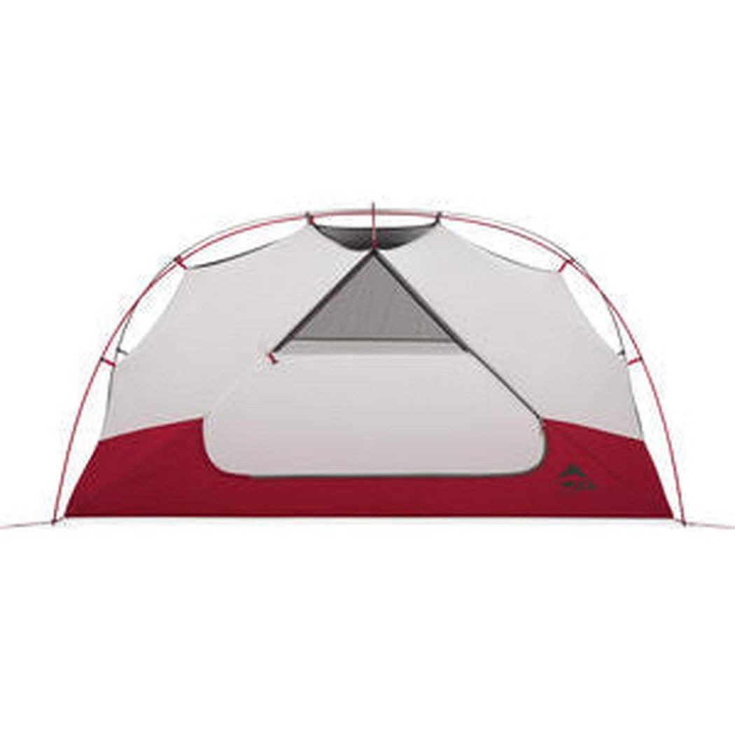 The MSR Elixir 2 Tent is shown from a front angle with its red and gray color scheme against a white background.
