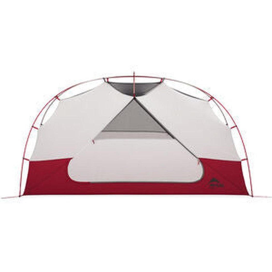 The MSR Elixir 3 Tent V2 is shown from a front-facing angle with its red and gray fabric, featuring a large entrance and a white background.