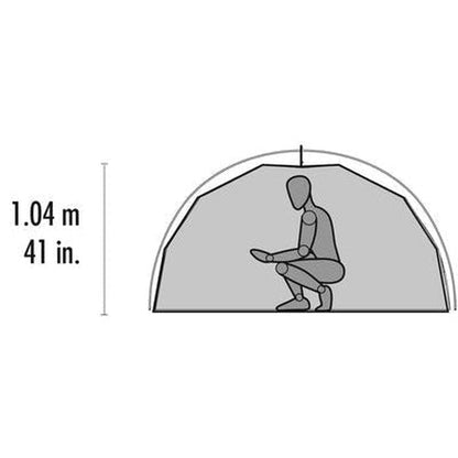 The MSR Elixir 3 Tent V2 is shown in a side view with a person inside, measuring 1.04 m tall against a white background.