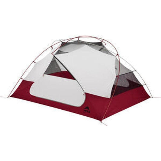 The MSR Elixir 3 Tent V2 is shown in a side view with a red and gray color scheme, featuring a mesh door and a white background.