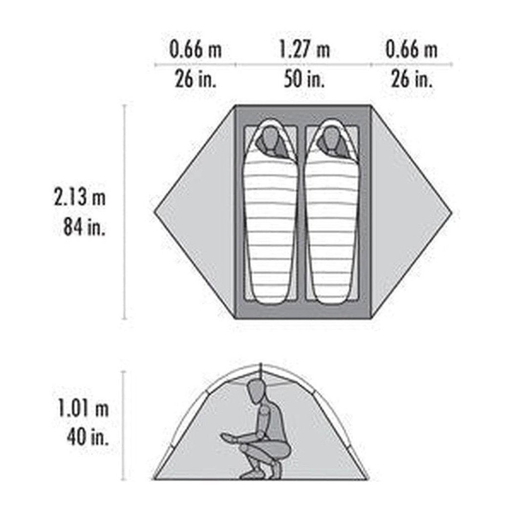 The MSR Hubba Hubba 2 Tent V9 product photo shows a top-down view of two sleeping bags inside the tent and a bottom view of a person sitting inside the tent.