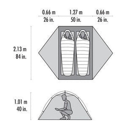 The MSR Hubba Hubba 2 Tent V9 product photo shows a top-down view of two sleeping bags inside the tent and a bottom view of a person sitting inside the tent.
