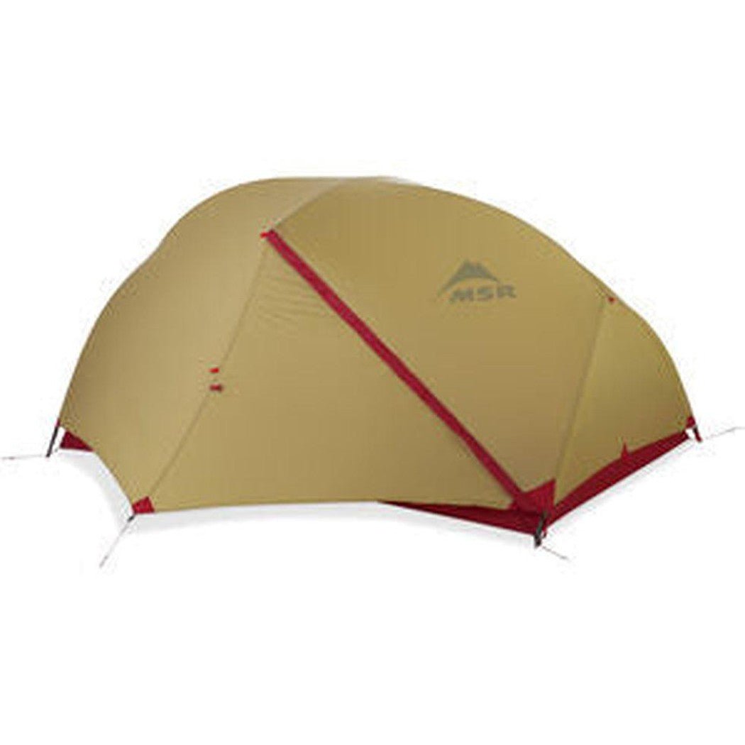 A side view of the MSR Hubba Hubba 2 Tent V9 in tan with a red crossbar and MSR logo, set against a white background.