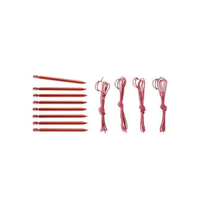Seven red tent stakes and four red guy lines for the MSR Hubba Hubba LT 2P Tent laid out on a white background.
