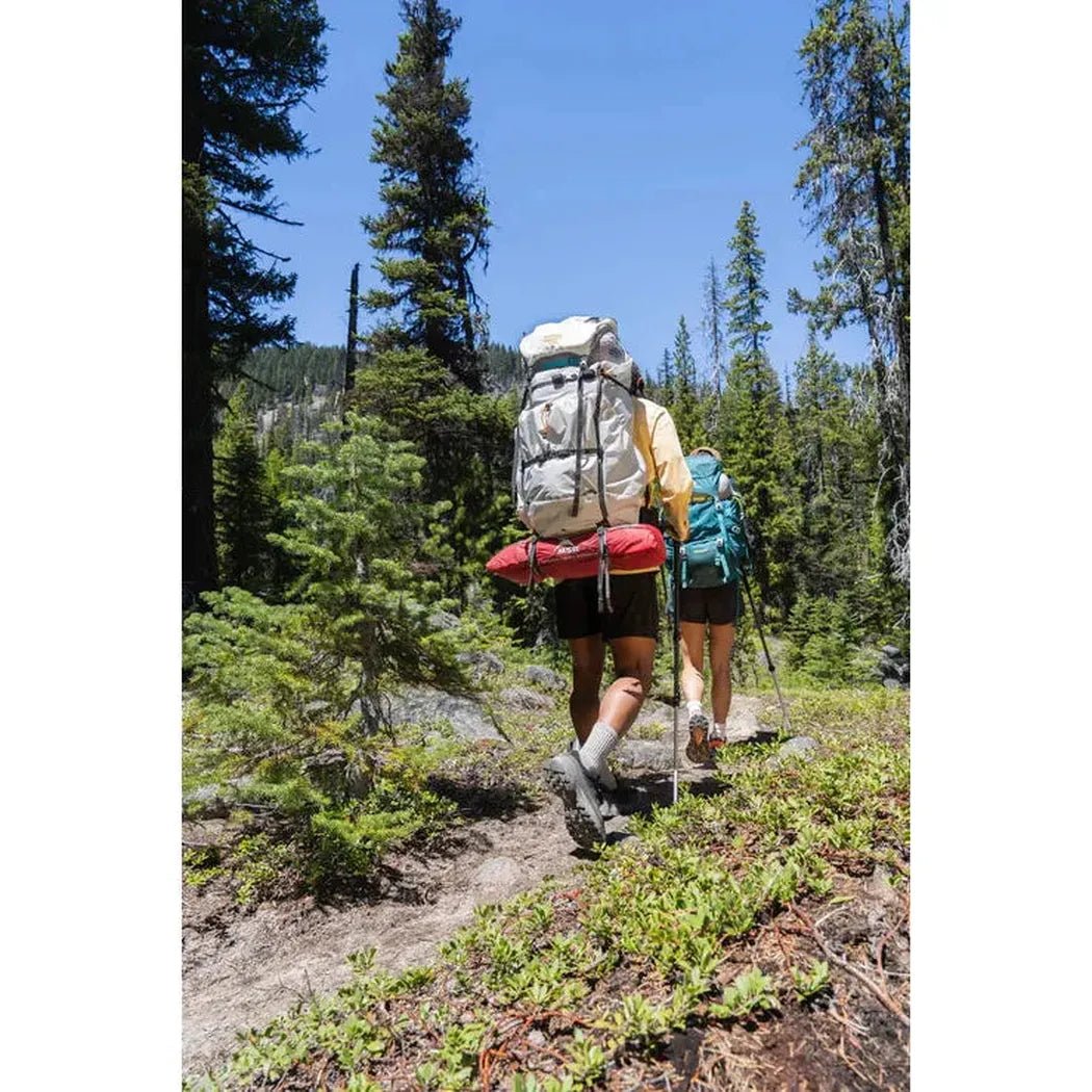 Two hikers with MSR Hubba Hubba LT 2P Tent gear walk on a forest trail under blue sky.
