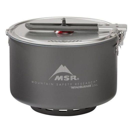 A top-down view of the MSR WindBurner 2.5L pot with its lid on, showing the brand logo and a white background.