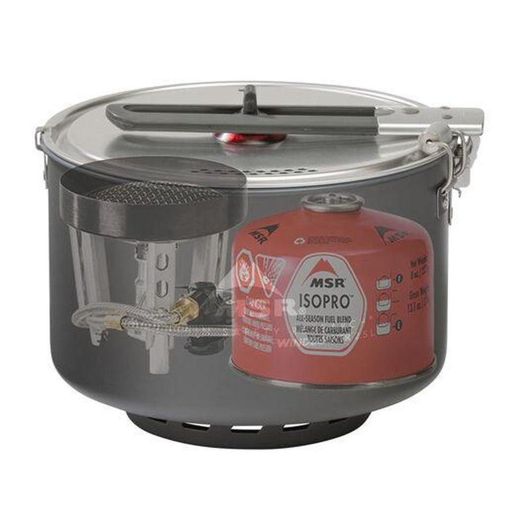 A cutaway view of the MSR WindBurner Group Stove System showing the red fuel canister and internal components.