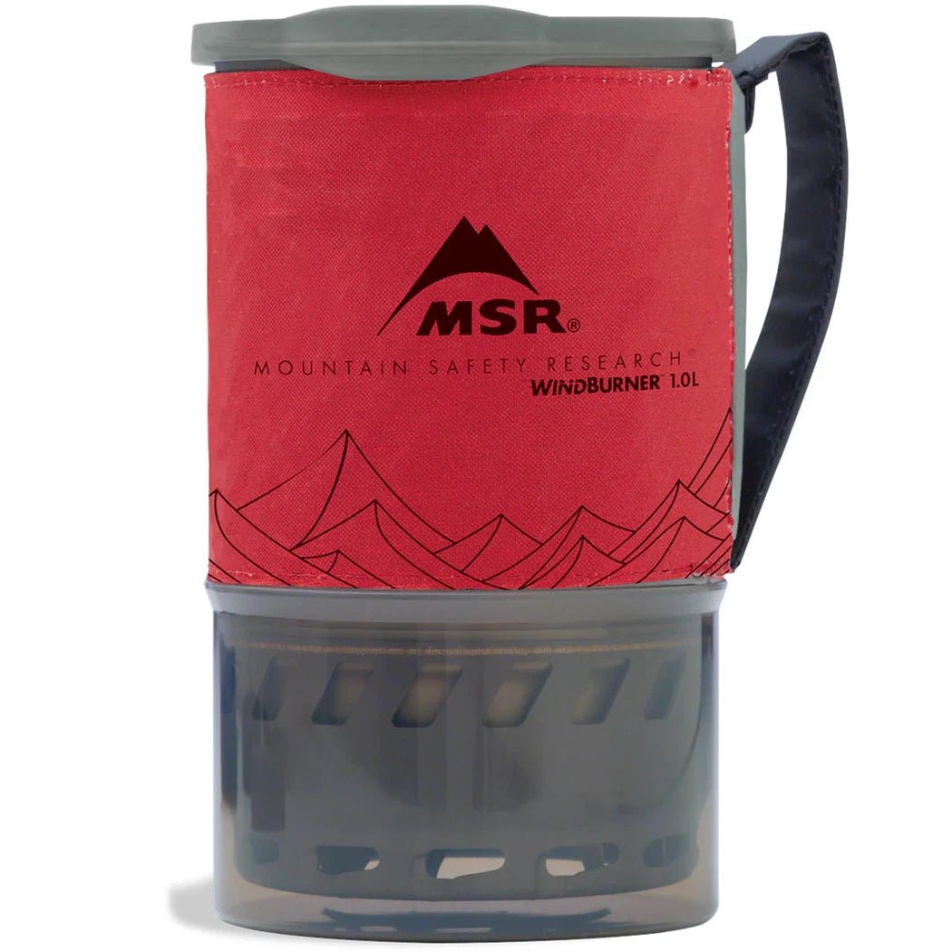 A front view of the MSR WindBurner 1.0L stove system with a red sleeve and black handle.