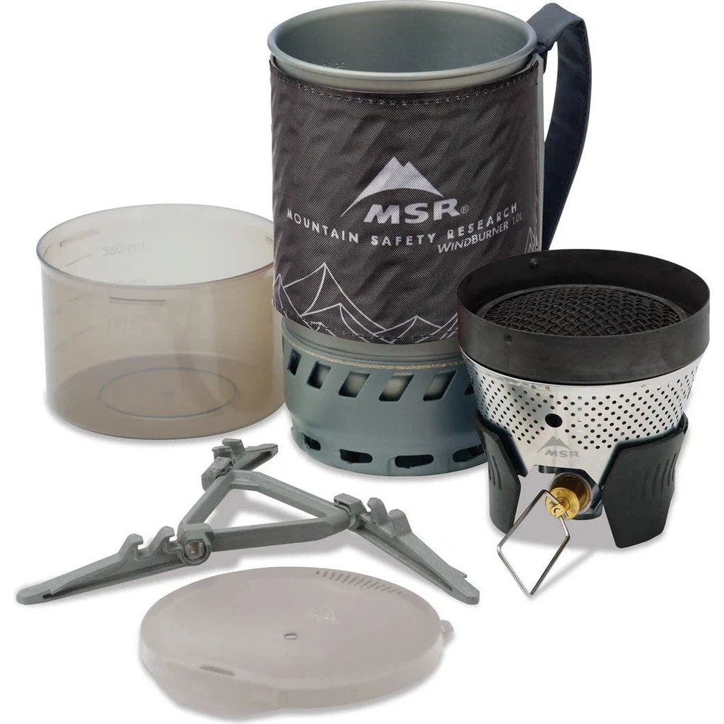 The MSR WindBurner Personal Stove System in Black is shown with its components including a cup, stove, and tripod against a white background.
