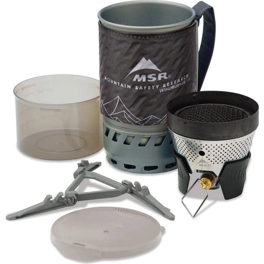 The MSR WindBurner Personal Stove System in Black is shown with its components including a cup, stove, and tripod against a white background.