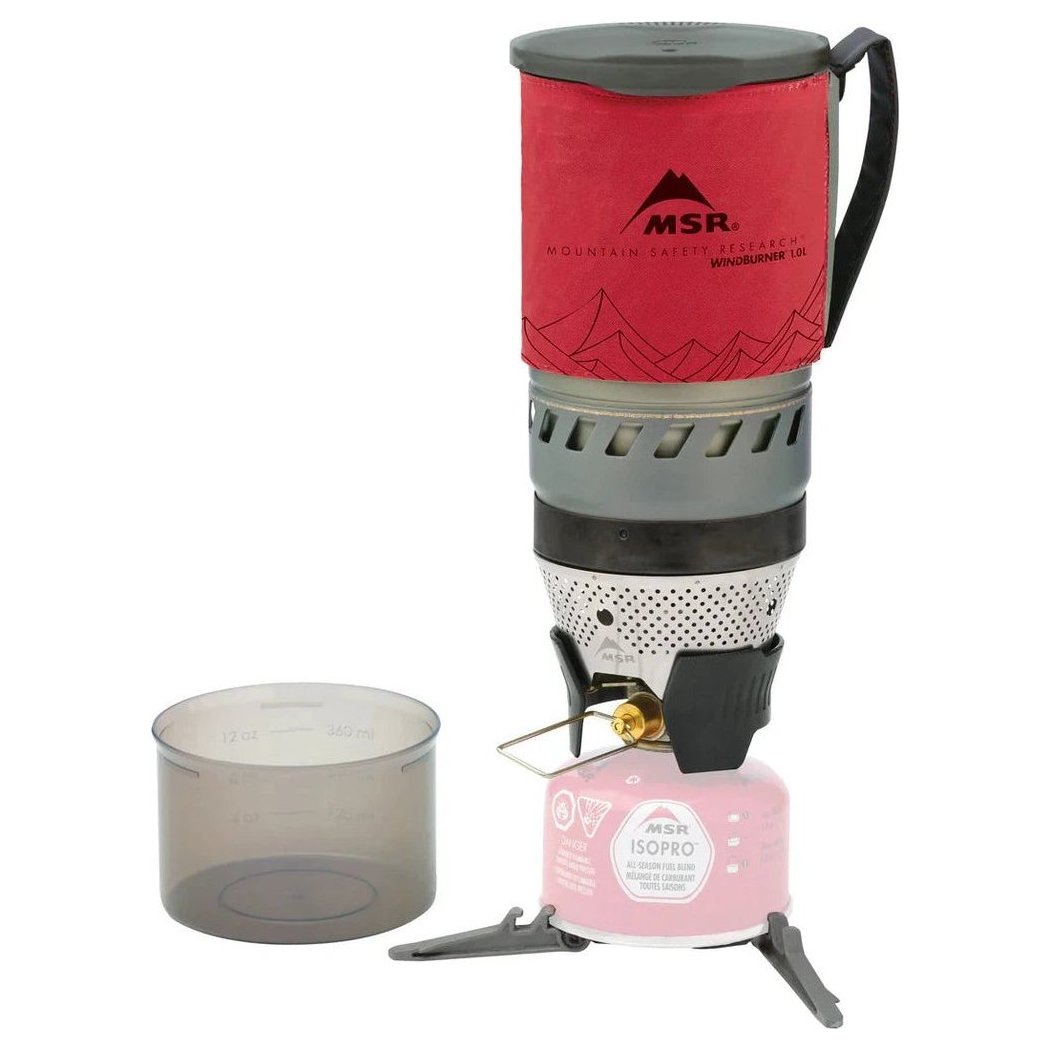 A top-down view of the MSR WindBurner Personal Stove System in Black with its red mug and charcoal-colored cup visible.