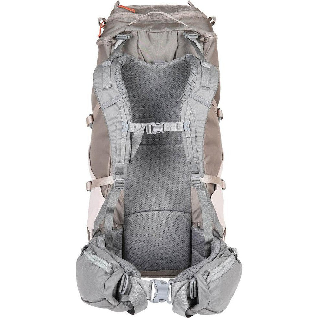 Back view of the Mystery Ranch Backpacks Women's Coulee 50 in Pebble showing the padded back panel and hip belt against a white background.