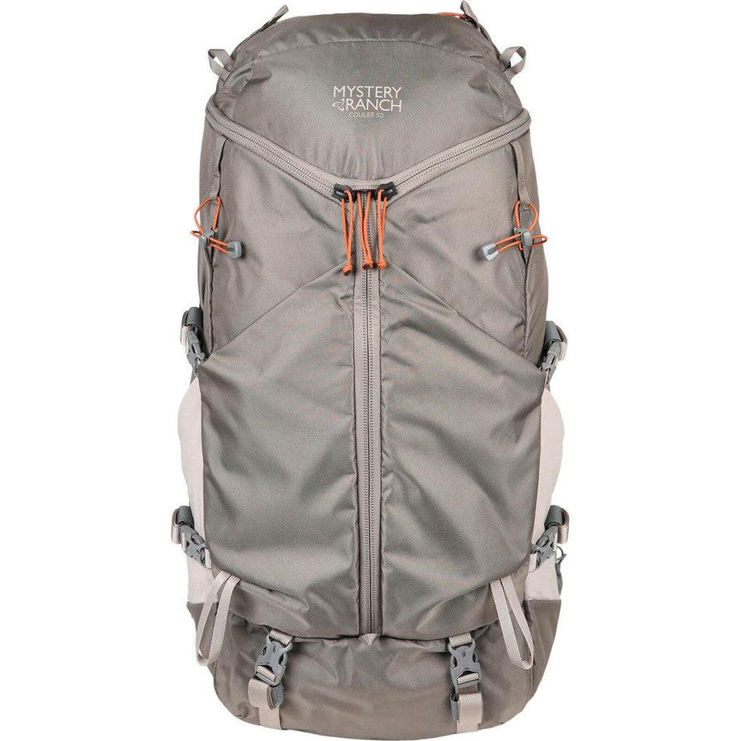 A front view of the Mystery Ranch Women's Coulee 50 backpack in Pebble color with visible zippers and straps against a white background.