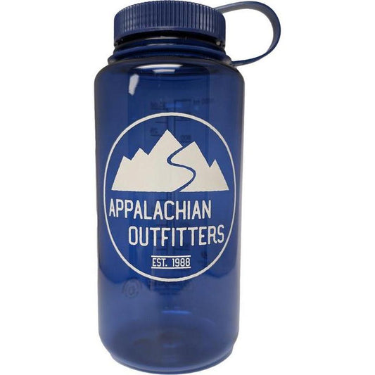 A white Nalgene Appalachian Outfitters wide mouth 32oz bottle is shown from the front with a blue cap and loop handle.