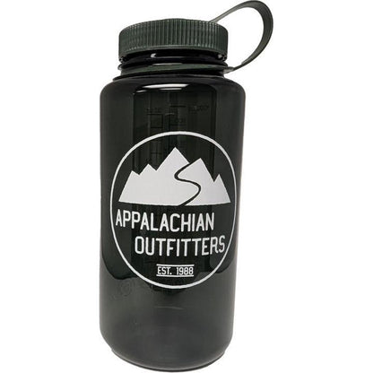 A side view of the black Nalgene Appalachian Outfitters 32oz bottle with a loop cap against a white background.