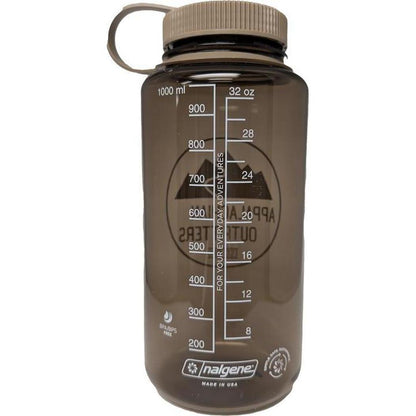A front view of the Nalgene Appalachian Outfitters Wide Mouth 32oz bottle in white with measurement markings and a loop cap.