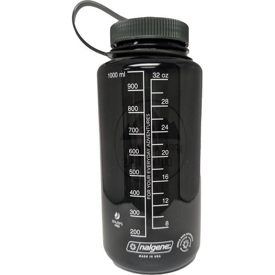 A white Nalgene Appalachian Outfitters Wide Mouth 32oz water bottle with measurement markings and a loop cap, photographed from the front against a white background.