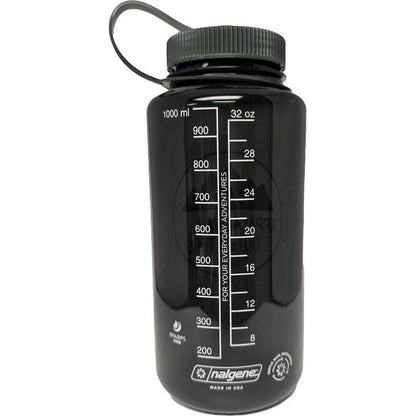 A white Nalgene Appalachian Outfitters Wide Mouth 32oz water bottle with measurement markings and a loop cap, photographed from the front against a white background.
