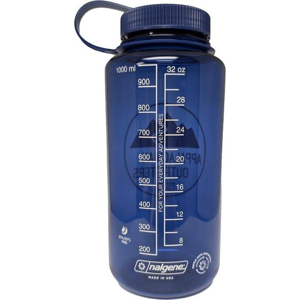 A white Nalgene Appalachian Outfitters Wide Mouth 32oz bottle with measurement markings and a loop top, photographed from the front against a white background.
