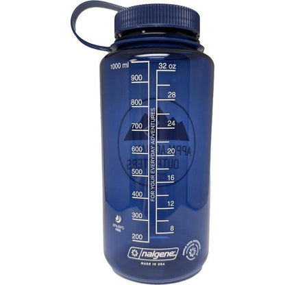 A white Nalgene Appalachian Outfitters Wide Mouth 32oz bottle with measurement markings and a loop top, photographed from the front against a white background.