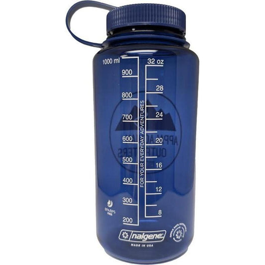 A white Nalgene Appalachian Outfitters Wide Mouth 32oz bottle with measurement markings and a loop top, photographed from the front against a white background.