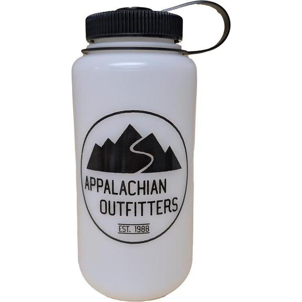 A white Nalgene Appalachian Outfitters 32oz wide mouth bottle with a black cap and loop top, shown from the front against a white background.