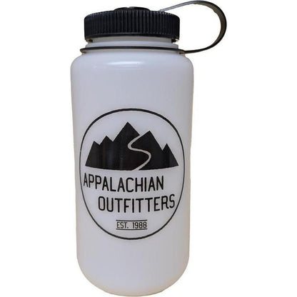 A white Nalgene Appalachian Outfitters 32oz wide mouth bottle with a black cap and loop top, shown from the front against a white background.