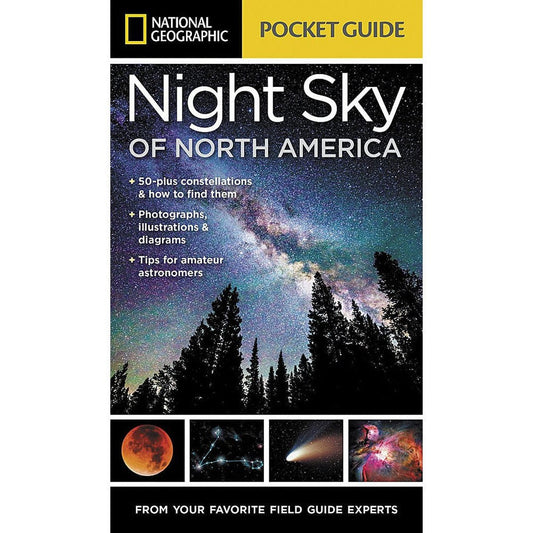 The National Geographic Pocket Guide Night Sky of N.A. book cover shows a night sky with trees and constellation photos at the bottom.