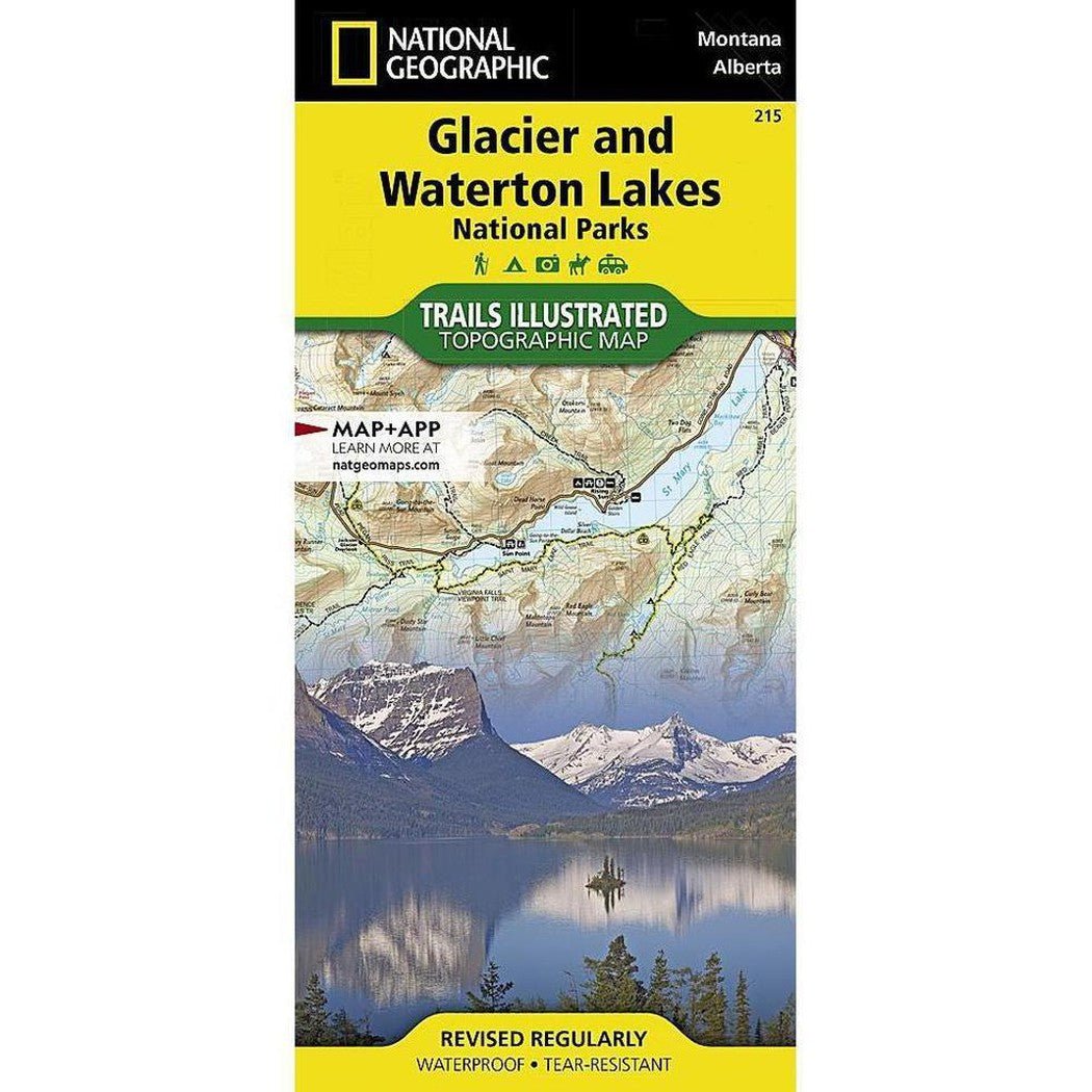 National Geographic Trails Illustrated Glacier and Waterton Lakes National Parks map with a yellow top section and a scenic mountain lake image below.