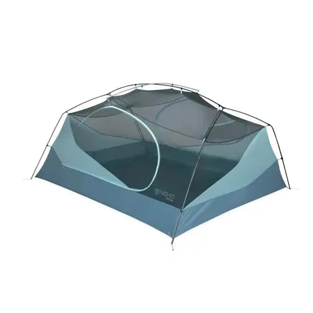 A front view of the NEMO Aurora 3P & Footprint tent in Frost/Silt color showing the mesh door and a white background.