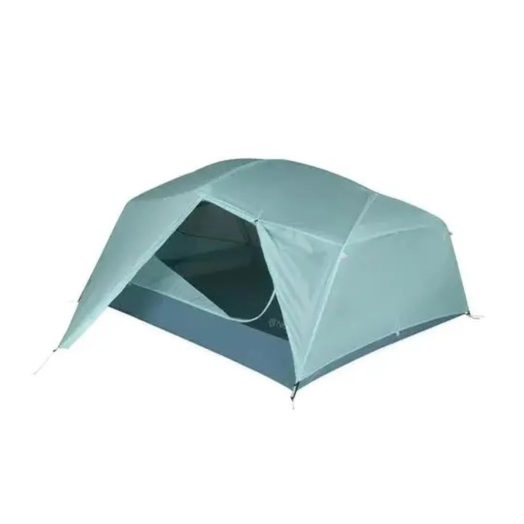 A light blue NEMO Aurora 3P & Footprint tent with an open entrance, photographed from above on a white background.