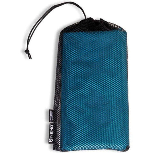 A blue NEMO Aurora Highrise 4P Footprint in a mesh bag with a drawstring, shown from the front against a white background.