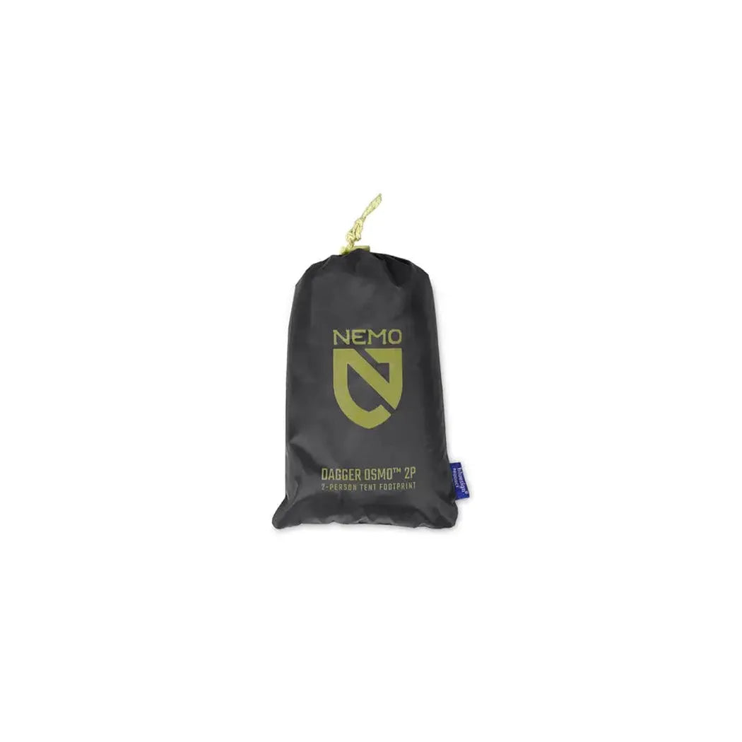A black NEMO Dagger OSMO 2p Footprint bag with a yellow logo and drawstring top against a white background.