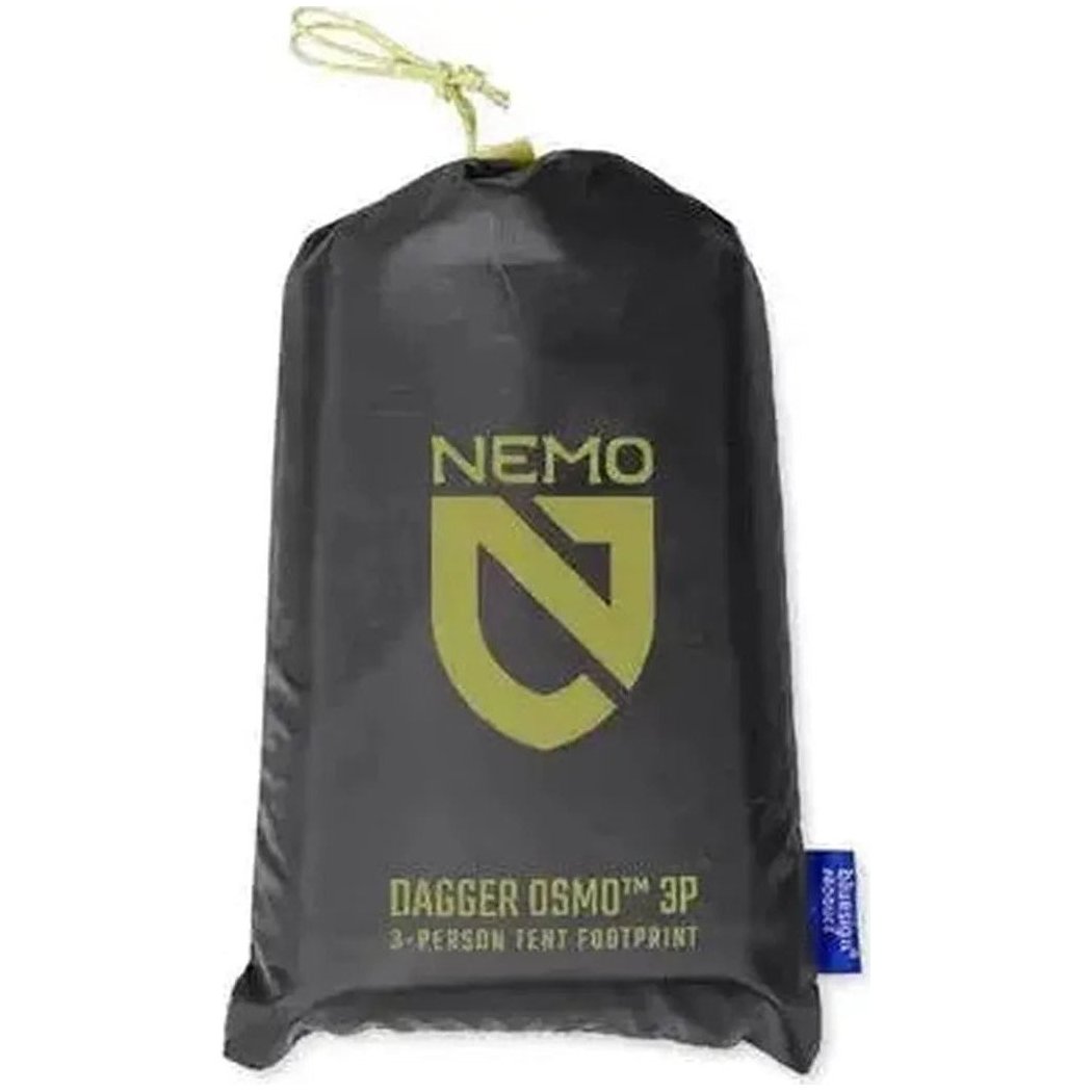Black NEMO Dagger OSMO 3p Footprint bag with yellow logo and drawstring, blue tag, against white background.